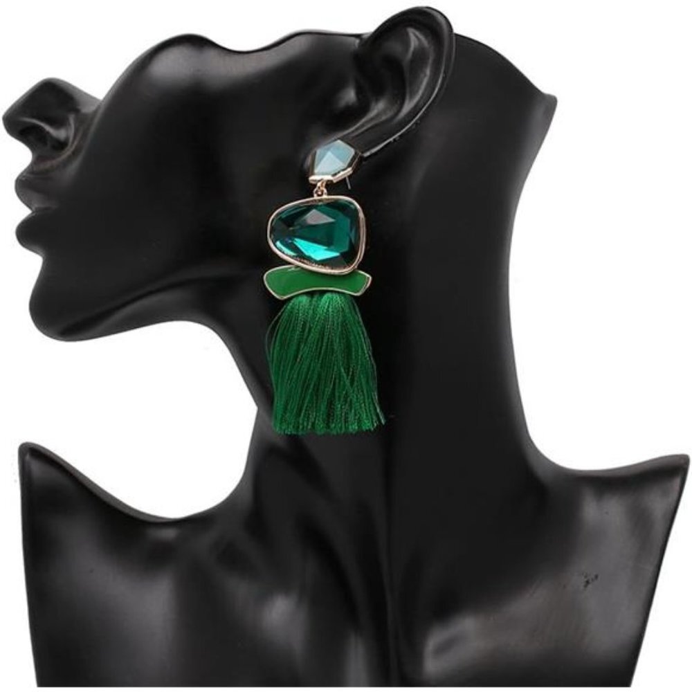 Green‎ Tassel Fringe Crystal Drop Dangle Earrings Boho Rectangle Long Earrings